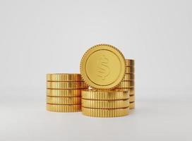pilha de moedas de ouro sobre fundo branco. economizando dinheiro e pilha de conceito de investimento de moedas de ouro. renderização 3D. foto