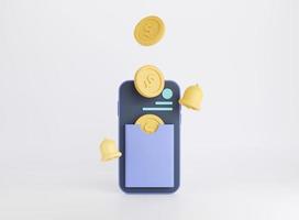 moeda de dinheiro 3D com smartphone e sino em fundo branco. conceito de pagamento online. renderização 3D. foto