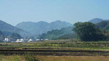 a bela vista da vila tradicional chinesa com a arquitetura clássica e árvores verdes frescas como pano de fundo foto