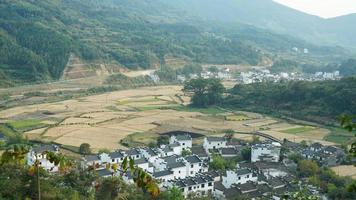 a bela vista da vila tradicional chinesa com a arquitetura clássica e árvores verdes frescas como pano de fundo foto