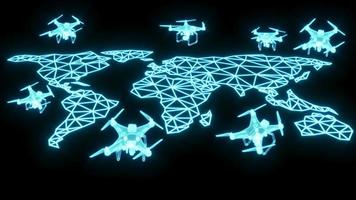 Polígono de mapa-múndi de ilustração de renderização 3D com luz de neon brilhante de drone para futuro produto premium e finanças de negócios de tecnologia foto
