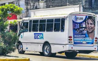 playa del carmen quintana roo méxico 2022 vários ônibus coloridos ônibus playa del carmen méxico. foto