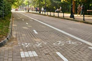 ciclovia em dois sentidos e carro de tráfego, sinal de bicicleta pintada de branco na estrada. estilo de vida saudável, ecologia foto