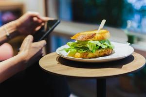 vista frontal do sanduíche vegano com salada e queijo em um prato. foto