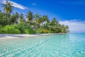 fundo de viagens de verão. ilha de praia tropical exótica, costa paradisíaca. palmeiras areia branca, incrível céu oceano lagoa. fundo de natureza linda fantástica, férias inspiradoras idílicas de dia ensolarado foto