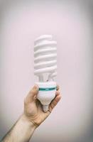 mão segurando uma lâmpada fluorescente em forma de espiral de grande eficiência energética.