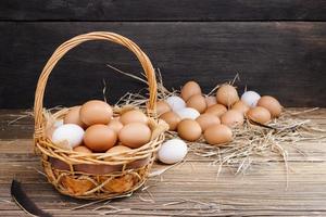 ovos de galinha em uma cesta colocada em uma mesa de madeira, fazenda rural foto