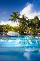 espreguiçadeiras artísticas na piscina de um hotel resort tropical foto