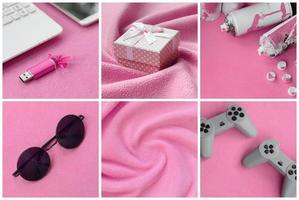 um conjunto de fotos com objetos da moda da juventude em uma superfície de lã macia. cor rosa pastel
