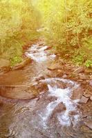 imagem aproximada de uma pequena cachoeira selvagem na forma de pequenos riachos de água entre as pedras da montanha foto