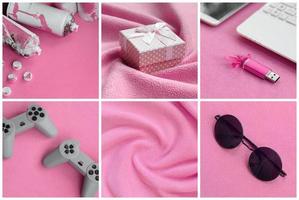 um conjunto de fotos com objetos da moda da juventude em uma superfície de lã macia. cor rosa pastel