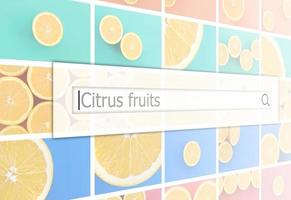 visualização da barra de pesquisa no fundo de uma colagem de muitas fotos com laranjas suculentas. frutas cítricas