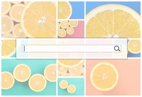 visualização da barra de pesquisa no fundo de uma colagem de muitas fotos com laranjas suculentas. conjunto de imagens com frutas em fundos de cores diferentes