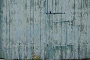 fundo de uma velha porta feita de pranchas de madeira pintadas de azul. uma porta menor é anexada a ele. as pranchas estão desgastadas. pequenas flores crescem abaixo. foto