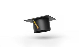 chapéu de pós-graduação preto colegial com borlas de ouro, cerimônia de formatura do chapéu de formatura da universidade isolada no fundo branco. ilustração de renderização 3D foto