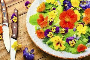 salada de flores comestíveis no prato foto