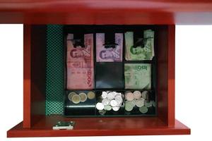 vista superior de notas e moedas tailandesas na gaveta do caixa da loja de varejo foto