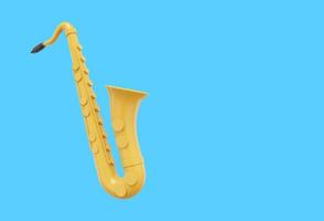 saxofone amarelo, instrumento musical, de lado. renderização 3D. ícone sobre fundo azul, espaço para texto. foto