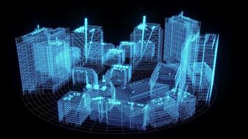 Ilustração de renderização 3D projeto de construção de holograma de néon brilhante show futurista segurança de tecnologia para transporte de finanças de negócios de produtos premium foto