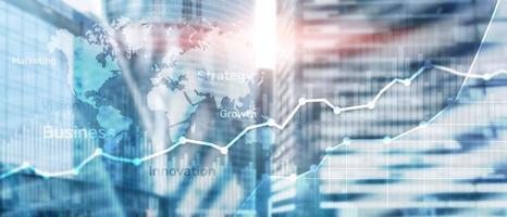 gráfico, gráfico e diagrama de dupla exposição de fundo abstrato de negócios. mapa mundial e. negócios globais e conceito de negociação financeira foto