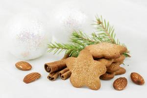 asterisco de biscoitos de gengibre com açúcar, canela em um fundo desfocado branco. presente de Natal foto