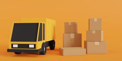 caixas de encomendas e carrinhas de entrega amarelas. conceito de entrega expressa. em fundo laranja. ilustração de renderização 3D foto