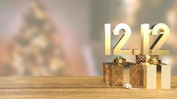 o ouro 12.12 e caixa de presente na mesa de madeira para dia de compras ou promoção de marketing renderização 3d foto