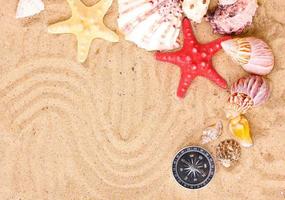 conchas e estrelas do mar com kompass na areia foto