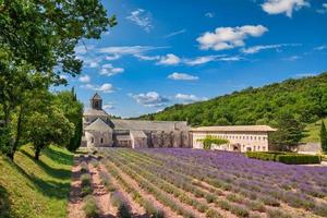 paisagem pitoresca de viagem, destino idílico de ensolarado cênico. A abadia cisterciana românica de Notre Dame de Senanque situada entre campos de lavanda com flores, perto de Gordes, Provence, França foto