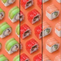 colagem com diferentes tipos de rolos de sushi asiáticos em fundo laranja. minimalismo vista superior plana padrão leigo com comida japonesa foto