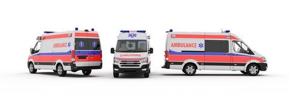 as vistas frontal, traseira e lateral do carro da ambulância são isoladas no fundo branco. ilustração 3D, caminhão de emergência de ambulância foto