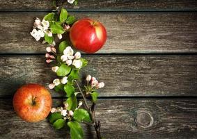 maçãs com flores na placa de madeira foto
