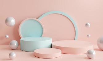 plataformas rosa e azul pastel. cena mínima com três pódios. fundo abstrato círculo geométrico. para feiras fofas, acessórios para bebês, moda, cosméticos ou produtos de beleza. renderização em 3D foto