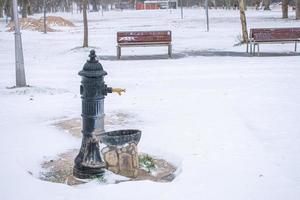 fonte de água no parque com neve no inverno foto