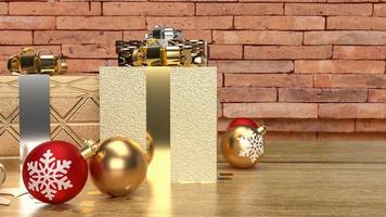 a caixa de presente e a bola de natal na mesa de madeira para o conceito de celebração renderização em 3d foto