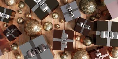 caixas de presente e bolas de ano novo em fundo de modelo de fundo de madeira para ilustração 3d de ano novo e natal foto