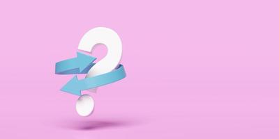 3D símbolo de ponto de interrogação branco com ícone de setas de transferência isolado no fundo rosa. perguntas frequentes ou perguntas frequentes, conceito mínimo, ilustração de renderização 3d, caminho de recorte foto