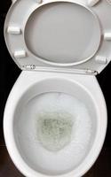 uma foto de um vaso sanitário de cerâmica branca no processo de lavagem. louças sanitárias cerâmicas para corrigir a necessidade com um dispositivo de descarga automática