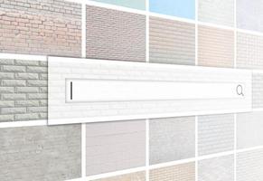 visualização da barra de pesquisa no fundo de uma colagem de muitas fotos com fragmentos de paredes de tijolos de diferentes cores close-up. conjunto de imagens com variedades de alvenaria