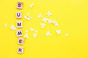 palavra verão escrito a partir de cubos de madeira com letras em fundo amarelo com pétalas de flores de hortênsia foto