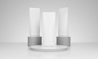 renderização em 3D de embalagens cosméticas brancas realistas para cuidados com a pele com pódio para maquete de marca cosmética foto