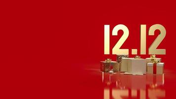 o ouro 12.12 e caixa de presente em fundo vermelho para dia de compras ou renderização em 3d de marketing de promoção foto