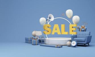 modelo de banner de venda em flash oferta especial conceito de desconto venda de móveis e decorações para casa durante as promoções. rodeado por sofás cadeiras e espaços publicitários. fundo pastel. renderização 3D foto