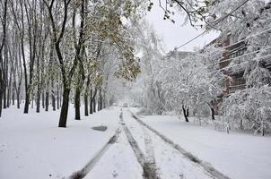 carcóvia. ucrânia - 4 de abril de 2022 precipitação rápida e inesperada de neve em abril nas ruas de kharkov foto