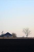 amanhecer na aldeia. uma foto minimalista com uma linha do horizonte na qual há um prédio de apartamentos e uma árvore