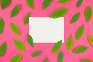 postura plana com folhas verdes e maquete de cartão postal foto