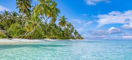 fundo de viagens de verão. ilha de praia tropical exótica, costa paradisíaca. palmeiras areia branca, incrível céu oceano lagoa. fantástico panorama da natureza bonita, férias inspiradoras idílicas de dia ensolarado foto