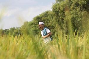 jovem rapaz muçulmano asiático no campo de arroz foto