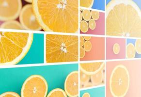 uma colagem de muitas fotos com laranjas suculentas. conjunto de imagens com frutas em fundos de cores diferentes