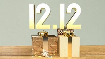 o ouro 12.12 e caixa de presente na mesa de madeira para dia de compras ou promoção de marketing renderização 3d foto